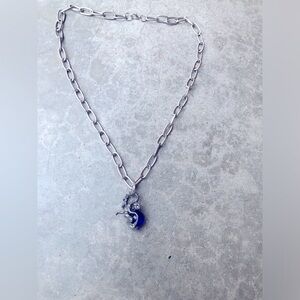 Silver Chain Necklace with Blue Stone & Dragon Pendant
